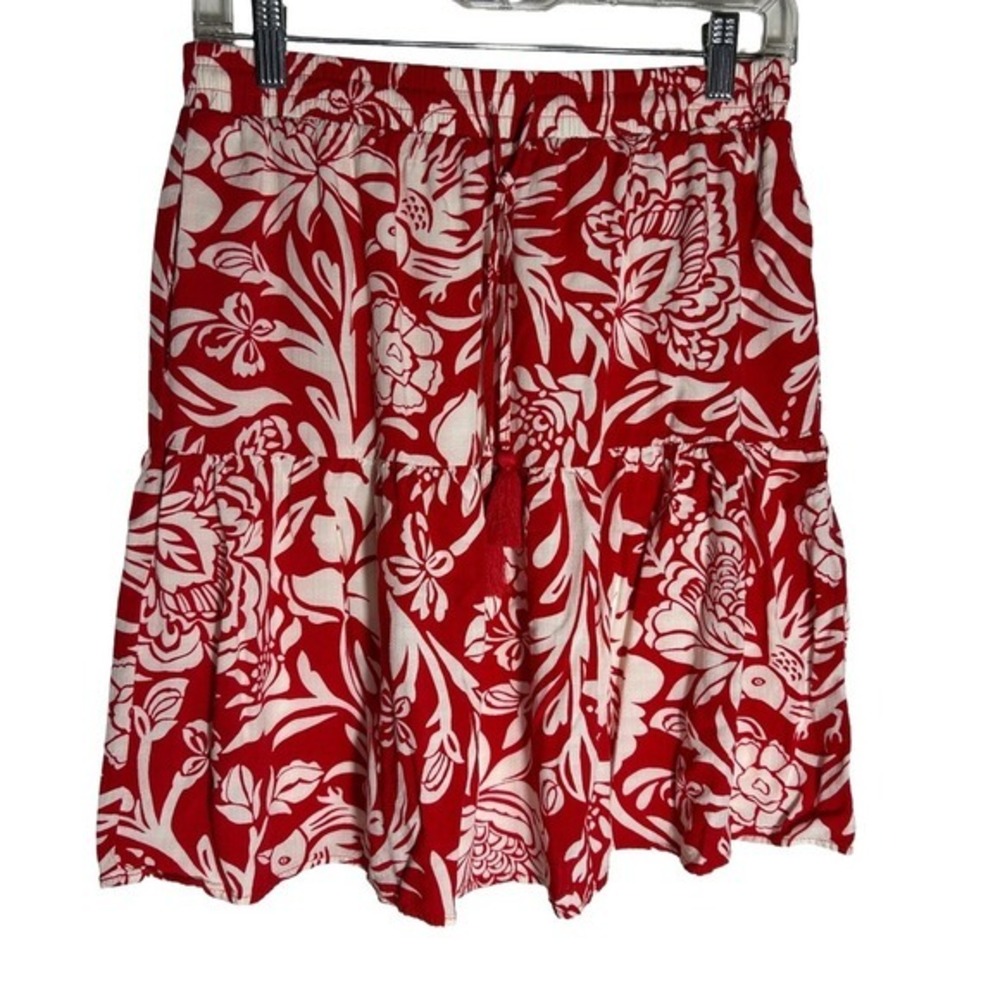 Knox Rose Red Floral Tiered Mini Skirt Elastic Waist Tassels‎ Small